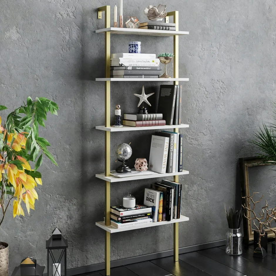 JENA Bibliothèques En Métal|Bibliothèques En Métal|Étagère murale moderne noire effet marbre 5 plateaux