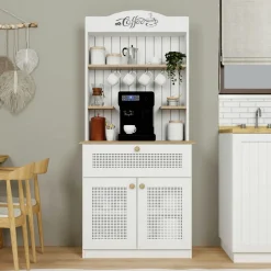 VAREN Meubles De Cuisine·Rangement Cuisine|Vaisseliers Contemporains|Vaisselier de cuisine blanc, cannage & niche café