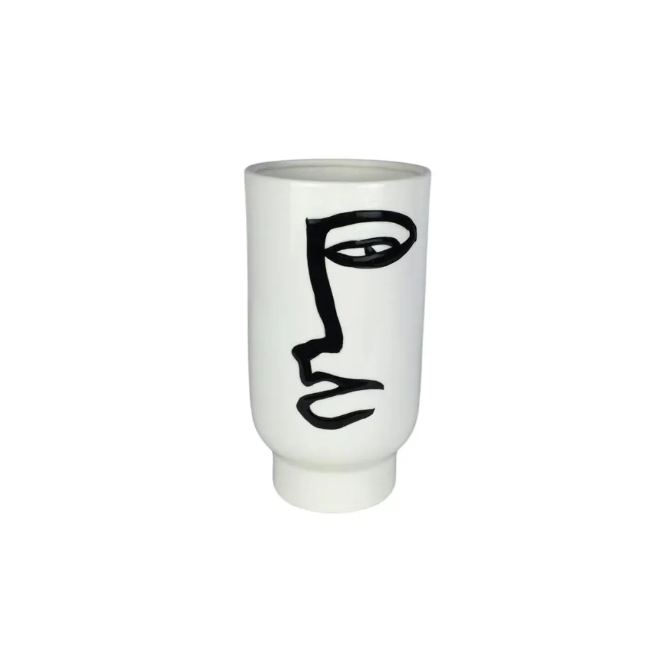 Vases|Vase blanc rond décor visage abstrait H25 cm