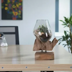 Arizona Vases|Vase verre soufflé et racine teck, artisanal H 20 cm