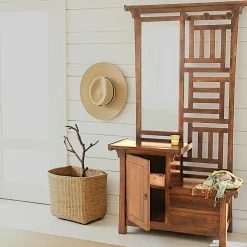 Maori Meubles D'Entrée·Vestiaires|Meubles D'Entrée·Vestiaires / Meubles À Chaussures|Vestiaire Hévéa avec miroir, 1 porte, 2 tiroirs, 3 "boules" porte-manteau 110x40x195cm